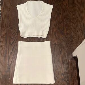 Chic White Ribbed Top and Skirt Set